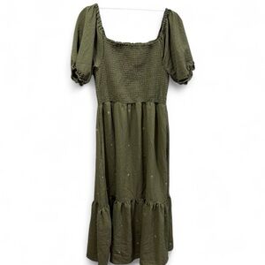 Boho Smocked Square-Neck Midi Dress in Olive Green and Embroidered White Flowers